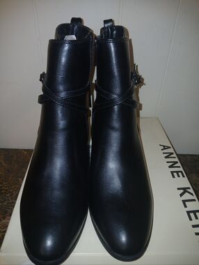 Anne Klein Black Leather Ankle Booties with Strap Detail